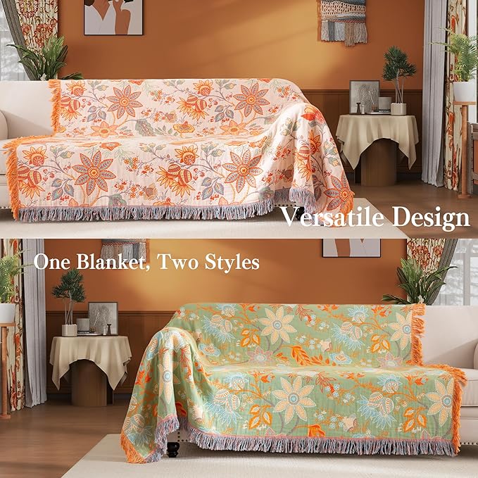 Boho Throw Blanket Twin Size, Soft Cozy Cotton Muslin Quilt Blanket for Bed Decor, Floral Patterned Couch Sofa Chair Cover, Vintage Farmhouse Cottage Tapestry Woven Blanket, Coral&Green-Ruum Studio Home