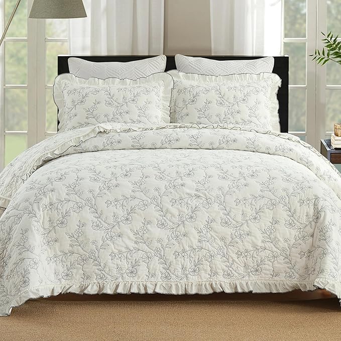 MarCielo 3-Piece 100% Cotton Bedspread Lightweight Quilt Coverlet Embroidery Farmhouse Bedding Set (Floral,King (106" X 98"))-Ruum Studio Home