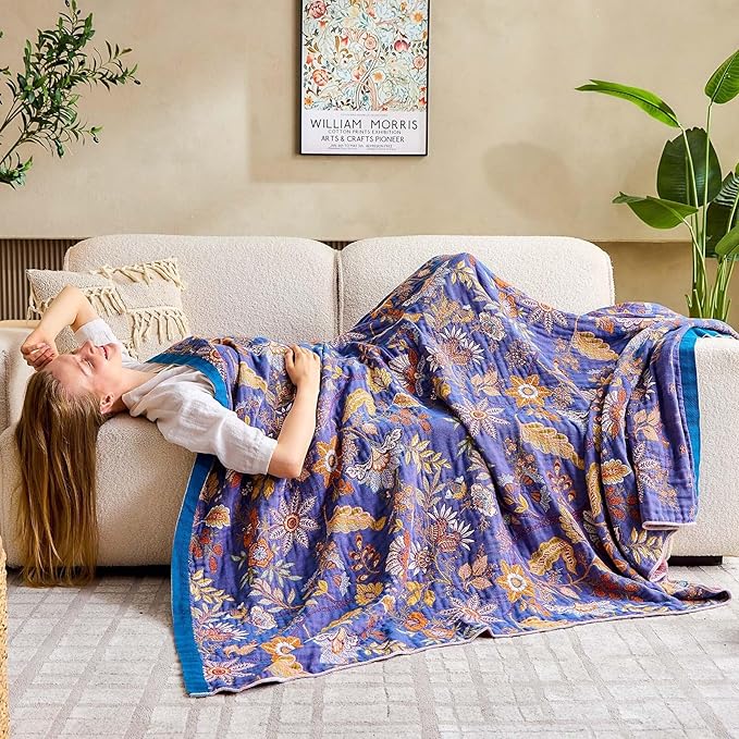 Boho Blanket, 100% Cotton Farmhouse Decorative Throw Blanket, 80"x90" Reversible Bohemian Throw Blanket, Purple All Season Muslin Breathable Woven Blankets Quilt-Ruum Studio Home