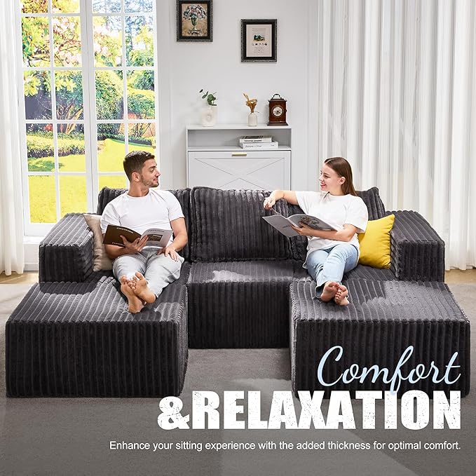 Hobestluk Modular Sectional Sofa Memory Foam Couch Oversized Sectional Sofa 3-Seater with Chaises Cloud Couch with Removable Cover U Shaped Sofa for Living Room (Strip Grey, U Shape)-Ruum Studio Home