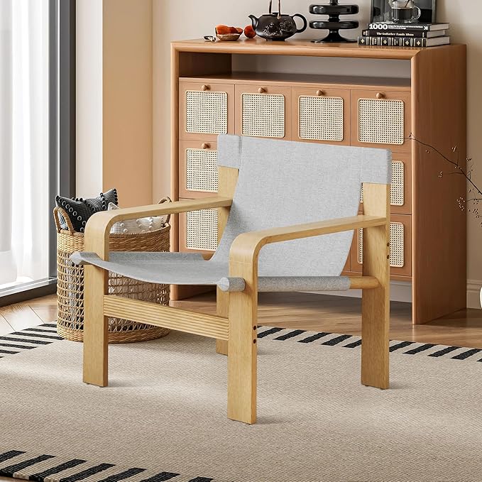 Mid-Century Accent Chair with Wide Armrest & Solid Wood Frame, Detachable and Washable Armchair, Modern Living Room Reading Chairs for Bedroom Sunroom Bedroom Balcony,White-Ruum Studio Home