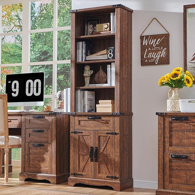 RedLemon Bookshelf with Storage Cabinet, 72" Tall Farmhouse Bookcase with Adjustable Shelves and Barn Door, 4 Tier Office Wood Bookshelf with Drawer for Library Living Room (Reclaimed Barnwood Color)-Ruum Studio Home