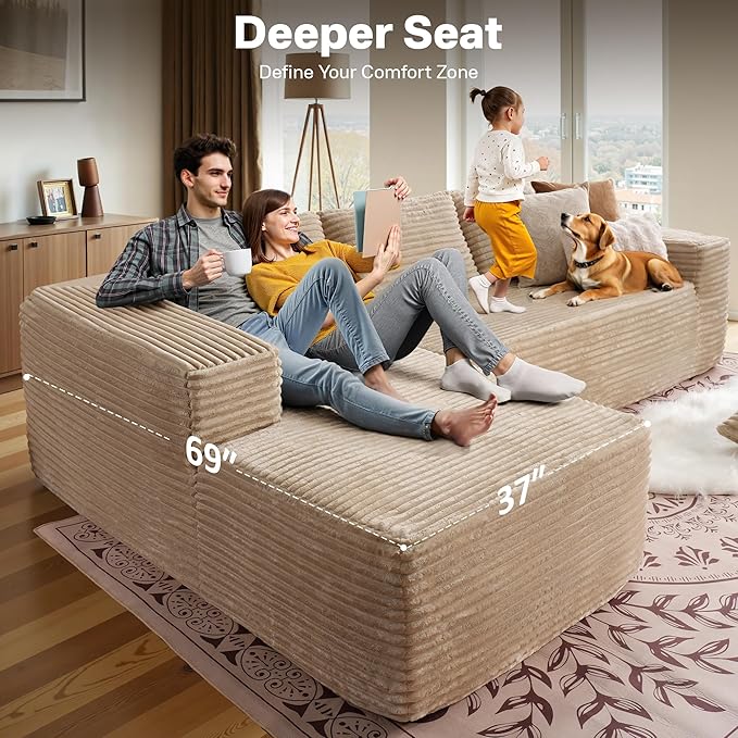 104" Cloud Sectional Couches for Living Room,L Shaped Boneless Couch in A Box,Sleeper Sofa with Comfy Chaise No Assembly Required,Beige-Ruum Studio Home