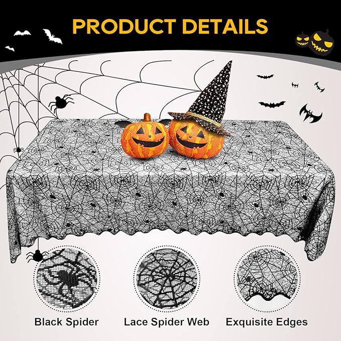 eZAKKA Halloween Table Cloth, Spider Webs Tablecloths Black Tablecloth Lace Fabric Table Cloths Spooky Cover for Rectangle Tables for Parties Gothic Halloween Home Decorations, 60x84 Inch-Ruum Studio Home