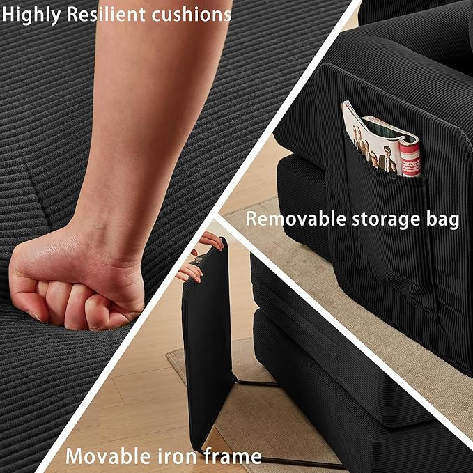 107" Oversized Convertible Sleeper Sofa Bed, Corduroy L Shape Sectional Couch, Folding Sofa Bed with Side Pocket, Modern Cloud Floor Mattress Couch, Modular Sofa for Living Room, Black-Ruum Studio Home