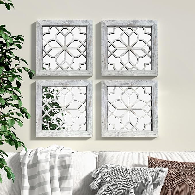 Boho Square Wall Mirrors Set of 2-12" x12'Decorative Mirrors for Wall Decor, BrownHandcrafted Mirror Panels Perfect for LivingRoom Bedroom Entryway Hallway (Grey)-Ruum Studio Home