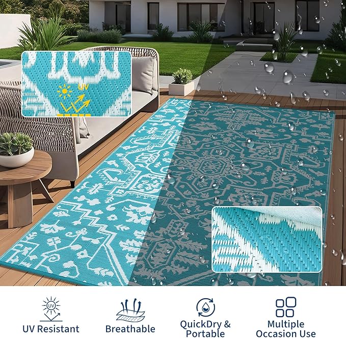 Waterproof Outdoor Rug 9x18 Reversible Plastic Straw Patio Rug, Stain-Resistant Vintage Medallion Carpet, Large Indoor Outdoor RV Mat for Deck, Camping, Balcony, Light Blue/White-Ruum Studio Home