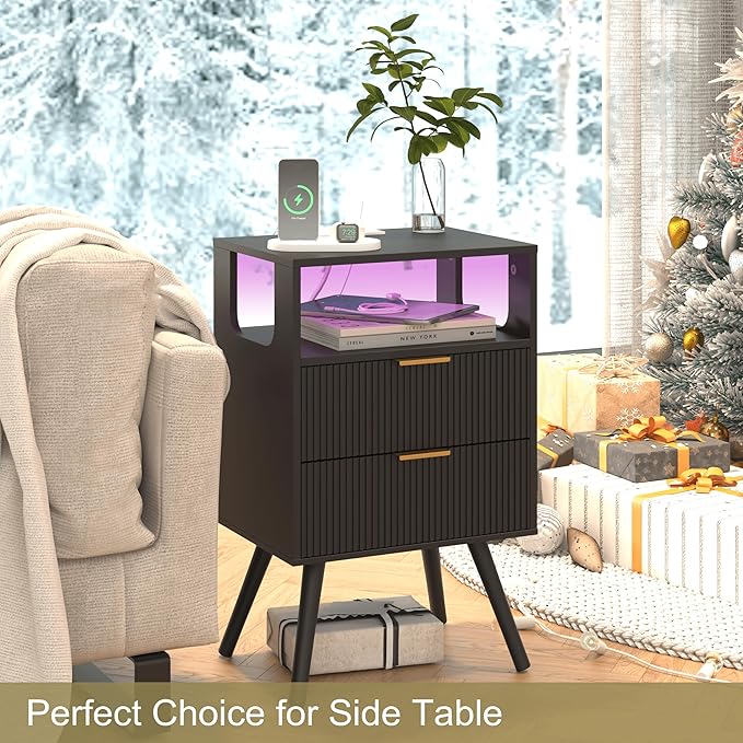 Black Nightstand with Charging Station and LED Lights,Modern Bedside Table with 2 Storage Drawer and Open Wood Shelf, for Bedroom and Small Spaces,Night Stand with Solid Wood Legs,Black-Ruum Studio Home