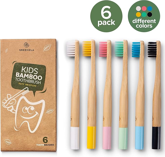 GREENZLA Kids Bamboo Toothbrushes, Natural Toothbrush Set, Soft Bristles, Durable Charcoal Wooden Brushes, Compostable Design for Toddlers and Children, 6 Pack-Ruum Studio Home