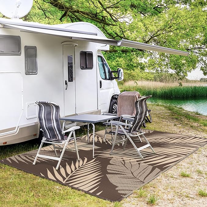 GENIMO Outdoor Rug 8' x 10' Waterproof for Patios Clearance, Reversible Outdoor Plastic Straw Camping Rug Carpet, Large Area Rugs Mats for RV, Camper, Deck, Balcony, Porch, Beach, Picnic, Coffee&Beige-Ruum Studio Home