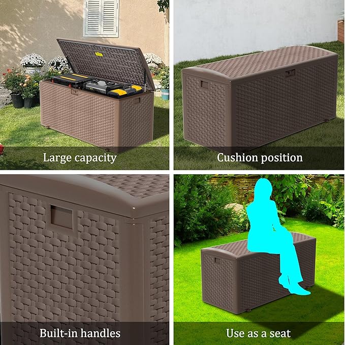Premium Pro Edition 180 Gallon Lockable Resin Deck Box, Waterproof & UV-Resistant Outdoor Storage Box for Outdoor Cushion Storage, Garden Tools & Pool Accessories Storage, Brown-Ruum Studio Home