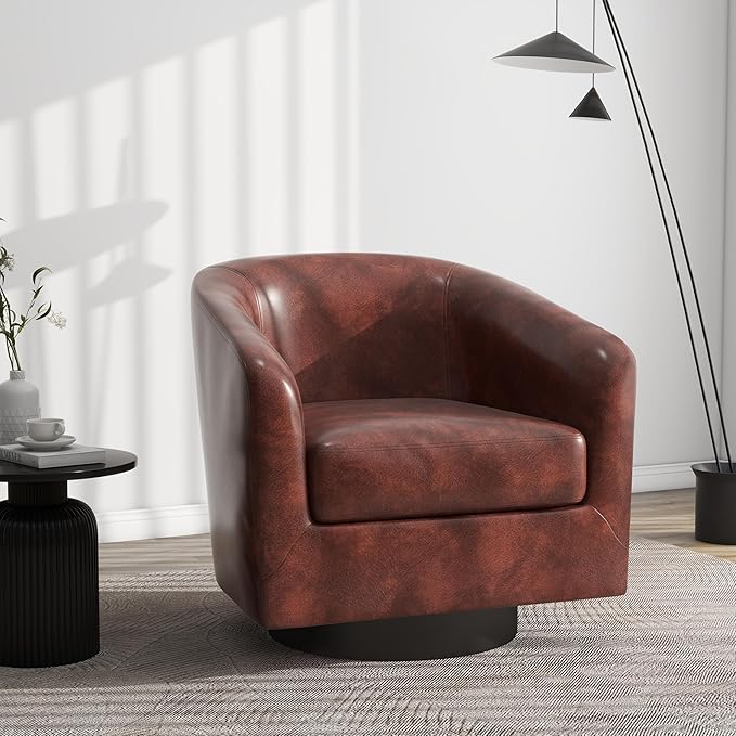 Swivel Barrel Accent Chair, Modern Round Faux Leather Arm Chair for Living Room, Bedroom, Comfy Club Reading Chairs for Adults(Faux Leather, Red Brown, Set of 1)-Ruum Studio Home