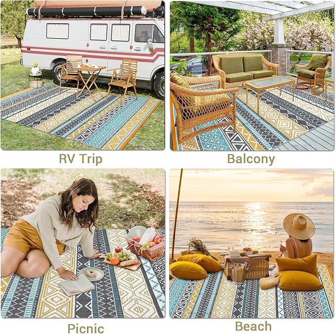 GAOMON Outdoor Rug 9'x12' Waterproof Rug for Patio Decor, Foldable Reversible Plastic Straw Area Rugs Mat for Camper, Outside Carpet for Deck, Porch, Picnic, Beach, Teal/Yellow(Bohemia)-Ruum Studio Home