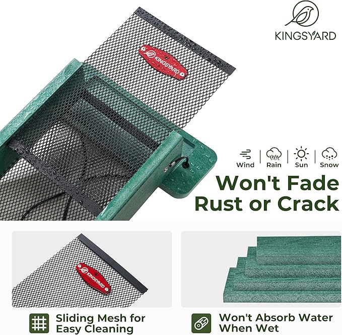 Kingsyard Metal Mesh Bird Feeder for Outdoors Hanging, Finch Feeder for Nyjer/Thistle, Sliding Mesh & Built-in Perch, Recycled Plastic, Green-Ruum Studio Home