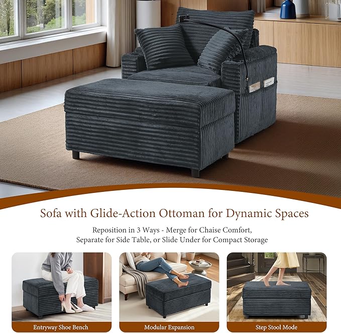 Accent Chair with Storage Ottoman Upholstered Living Room Chairs for Reading Chair with Chaise Lounge Chairs Indoor, Comfortable Armchair for Bedroom-Ruum Studio Home
