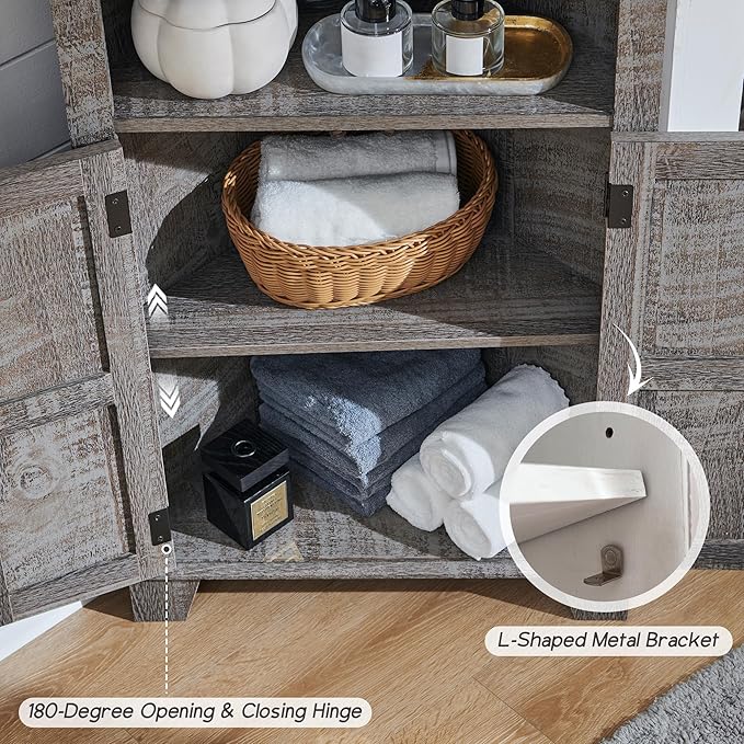 Corner Bathroom Cabinet, Farmhouse Small Corner Cabinet with Barn Door & Adjustable Shelf, Storage Cabinets for Bathroom, Kitchen, Living Room, Grey Wash-Ruum Studio Home