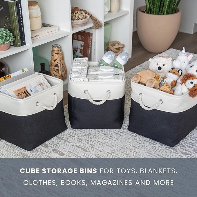 OrganiHaus 11x11 Cube Storage Bins 4 Pack, Foldable Cube Storage Organizer w/ Rope Handles, Collapsible Fabric Bins for Toys, Clothes & Closet Organization, Fabric Square Baskets - Black/White-Ruum Studio Home