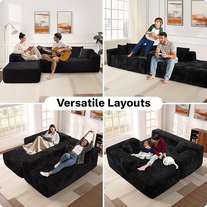 104" Cloudy Sectional L Shaped Couch for Living Room, No Assembly Required, Modular Comfy Sofa with Deep Seat, Fluffy Couch with Sleeper Chaise for Apartment Lounge (Black)-Ruum Studio Home