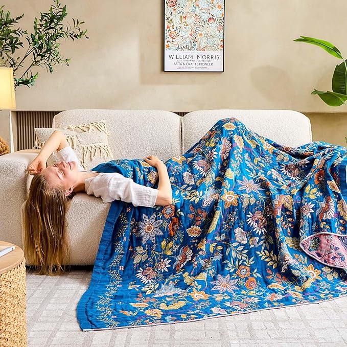 Fall Throw Blanket for Couch, Blue Boho Decorative Throw Blanket, 100% Cotton Muslin Breathable Woven Farmhouse Blankets Quilt, 90"x98" Reversible Lightweight Blankets Bohemian Throw Quilt-Ruum Studio Home