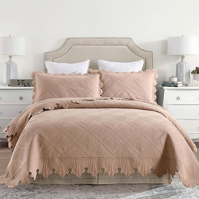 MarCielo 3-Piece 100% Cotton Oversized Bedspread Lightweight Quilt Coverlet Embroidery Farmhouse Bedding Set (TK Pale Taupe Camel, Oversized Queen (100"x106"))-Ruum Studio Home