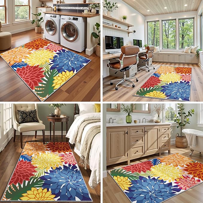 Area Rug 3x5 Washable Entry Rug Multicolored Tropical Botanical Modern Floral Indoor Kitchen Door Mat Entrance Carpet Non Slip for Bedroom Living Room, Porch-Ruum Studio Home