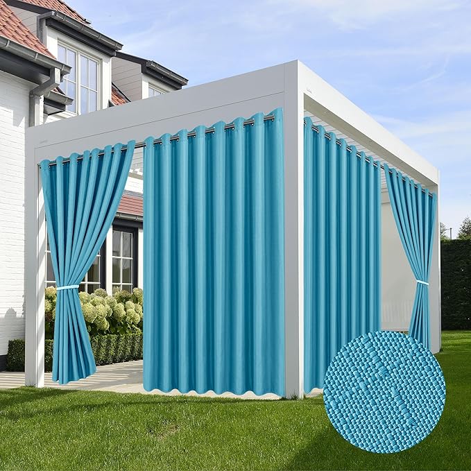 HolidayIdeas 4 Panels Faux Linen Outdoor Curtains for Patio Waterproof Teal Curtains 110" Wide x 84" Long-Outside Wide Curtains Weatherproof Privacy Textured for Pergola, Porch, Gazebo, Backyard-Ruum Studio Home