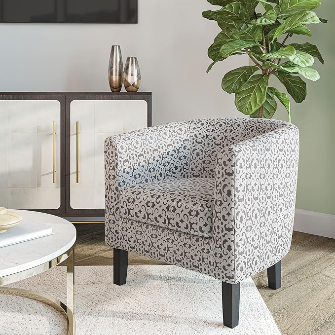 BELLEZE Accent Barrel Chair, Linen Round Chair Club Tub Sofa Corner Chair with Flared Legs and Cozy Soft Padding for Living Room Bedroom Waiting Room - White & Brown-Ruum Studio Home