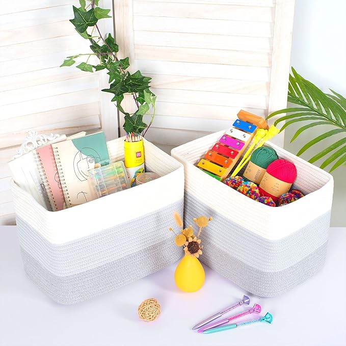 MINTWOOD Design 3-Pack Storage Baskets for Shelves, Playroom and Classroom, Book Basket, Decorative Storage Cube Bins, Woven Closet Organizers, Pantry and Shoe Organizer, 3-Tone Grey-Ruum Studio Home