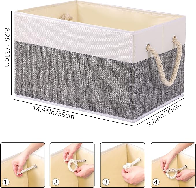 Yawinhe Foldable Storage Baskets for Shelves, Fabric Storage Cubes with Rope Handle, Closet Organizers for Clothes, 3-Pack, 14.96''Lx9.84''Wx8.26''H, White/Grey-Ruum Studio Home
