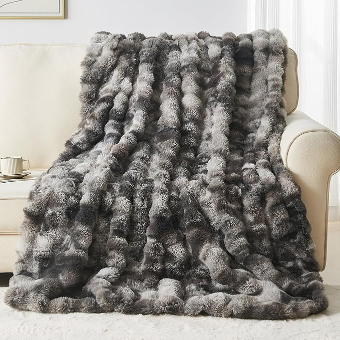Lotus Karen Faux Fur Throw Blanket Tie-Dye Dark Gray - Big Bubble Rabbit Fluff Blanket for Couch, Small Fluffy Fuzzy Cozy Blanket, Thick Furry Plush Shaggy Blankets, 50x60 Inches-Ruum Studio Home