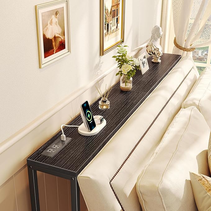 SUPERJARE Console Table with Outlet, 63 Inch Sofa Table with Charging Station, Narrow Entryway Table, Skinny Hallway Table, Behind Couch Table, for Living Room, Plants, Black-Ruum Studio Home