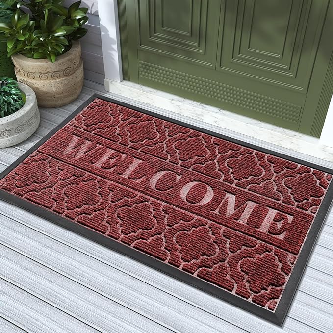Yimobra Welcome Mat Outdoor Indoor, All-Season Waterproof Front Door Mat Outside Entrance, All-Weather Heavy Duty Non-Slip Doormat, Low Profile Porch Patio Entrance Mats, 36x24, Red-Ruum Studio Home