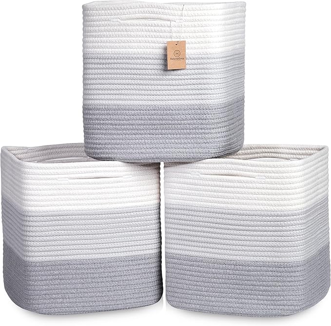 NaturalCozy 13 Inch Cube Storage Bins Cotton Rope Woven Baskets for Organizing 3-Pack | 13 x 13 Storage Cubes | Fabric Square Storage Baskets for Shelves Organizer, Kids Toy Bins, Closet Baby Nursery-Ruum Studio Home