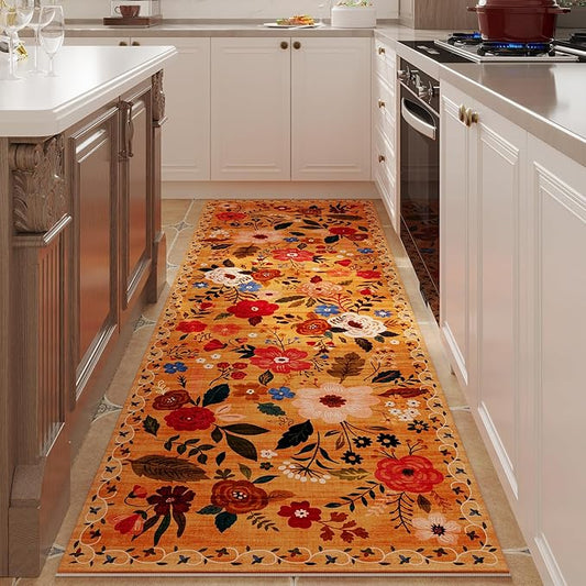 Runner Rug for Kitchen Rug Non Slip 2'x 6' Washable Rugs with Rubber Backing Soft Floral Carpet Runner for Hallways, Kitchen, Laundry, Bedroom, Bathroom(Yellow)-Ruum Studio Home