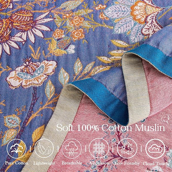 Boho Blanket, 100% Cotton Farmhouse Decorative Throw Blanket, 80"x90" Reversible Bohemian Throw Blanket, Purple All Season Muslin Breathable Woven Blankets Quilt-Ruum Studio Home