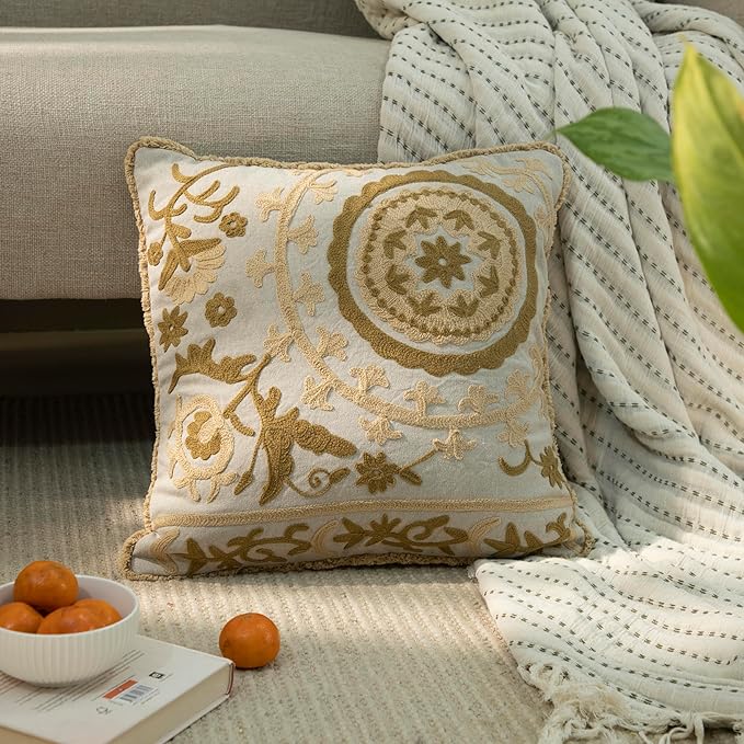 Embroidered Mandala Floral Vintage Indian Cotton Decorative Embroidery Throw Pillow Covers, Fringes Lace Cushion Cover, Pillow Case for Sofa Couch Bed Chair 18" x 18"-Ruum Studio Home
