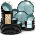 24 Piece Dinnerware Sets for 8 - Modern Style Stoneware Dinnerware Set - Scratch Resistant, Dishwasher Safe Plates and Bowls Sets Ceramic, Dish Set, Bowl and Plate Set - Black and Petrol Blue…-Ruum Studio Home