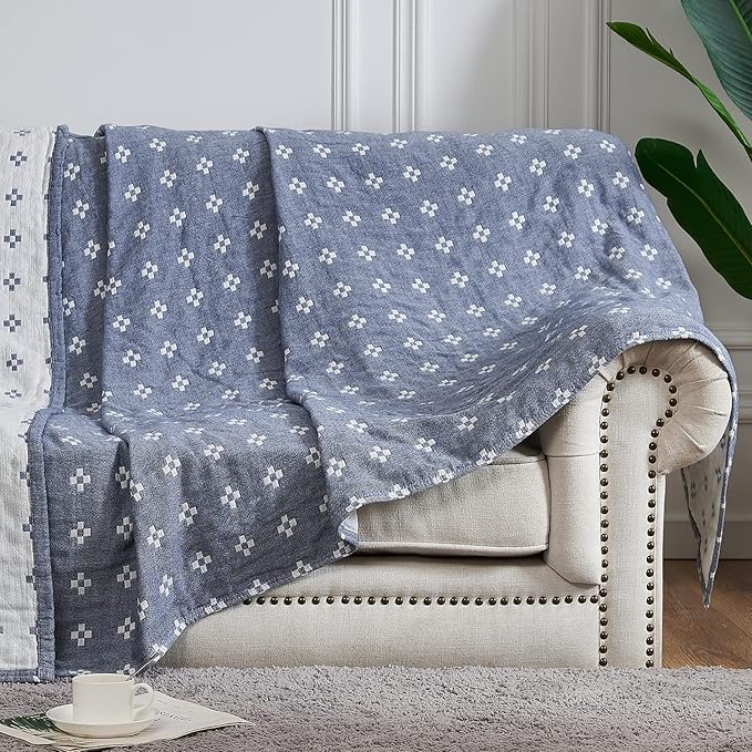 jinchan Boho 100% Cotton Blanket Muslin Lightweight Twin Size Quilted Throw Blanket for Couch Soft Cozy All Season Blanket 3-Layer Floral Throw Cotton Blanket for Bedroom Decor Blue 60x80 Inches-Ruum Studio Home