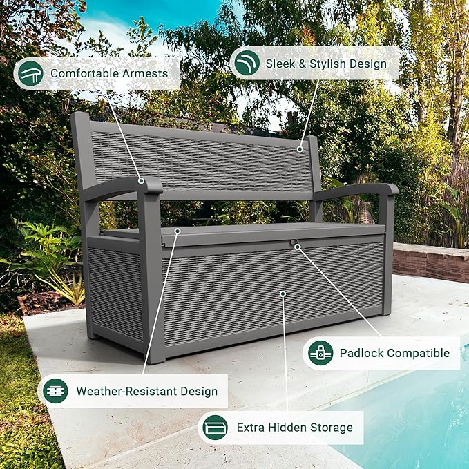 70 Gallon Deck Bench with Storage,Outdoor Storage Box Bench Waterproof&Lockable, Resin Patio Furniture with Armrest for Patio, Porch, Garden,Grey-Ruum Studio Home