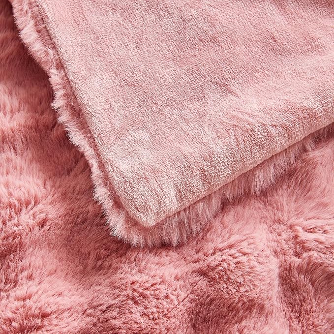Lotus Karen Faux Fur Blanket - Old Pink Twin Size, Big Bubble Rabbit Fluff Blanket for Couch, 60x80 Inches-Ruum Studio Home