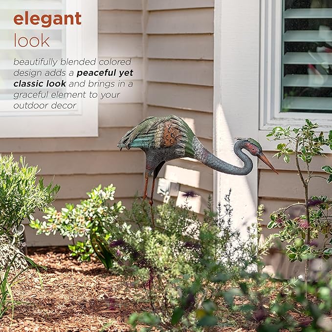 Alpine Corporation 30" Tall Outdoor Rustic Metal Bowing Crane Statue Yard Art Decoration-Ruum Studio Home