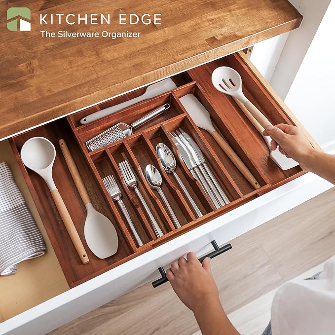 Premium Silverware, Flatware and Utensil Organizer for Kitchen Drawers, Expandable 14.5 to 25 Inches Wide, 10 Compartments, Food-Safe Premium Acacia Wood Finish Kitchen Storage Tray-Ruum Studio Home