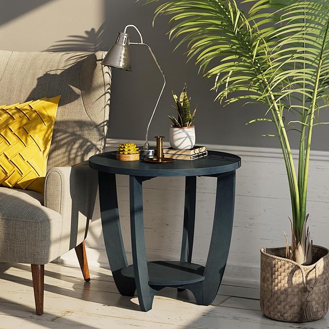 Rustic Farmhouse End Table with Storage Shelf, French Country Accent Side for Family, Dinning or Living Room, Small Spaces, Modern, Round, Vintage Blue Finish, Curved Leg-Ruum Studio Home