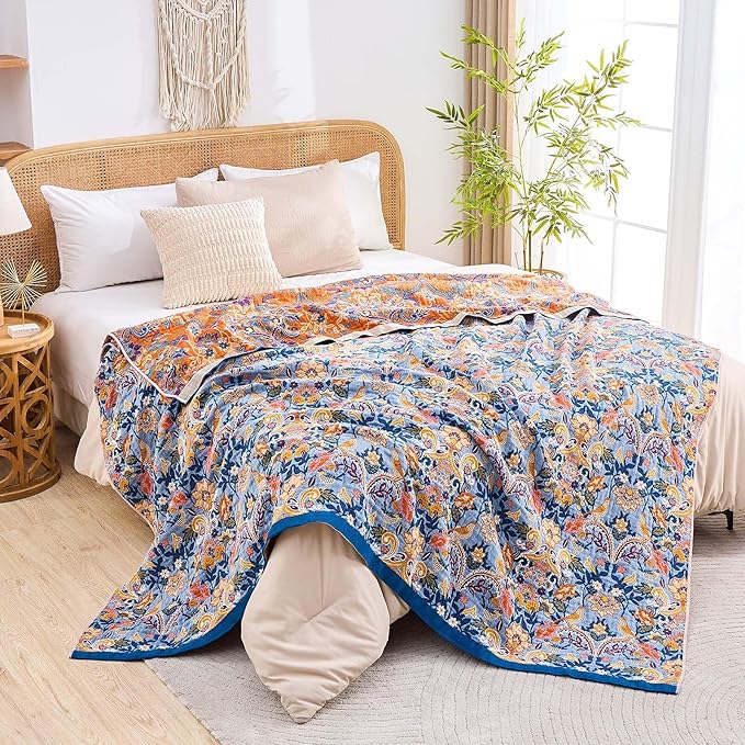 Boho Throw Blanket for Bed, 100% Cotton Soft Rustic Quilt Fall Blanket, 80"x90" Floral Printed Farmhouse Decor Bed Blankets, All Season Rustic Reversible Bohemian Throw Quilt-Ruum Studio Home
