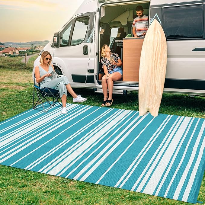 Outdoor Patio Rug 9x12 Stain-Resistant Reversible Camping Mat, Modern Striped Outdoor Plastic Straw Rug, Waterproof Outside Carpet, Easy to Clean for RV, Porch, Deck, Balcony, Light Blue-Ruum Studio Home