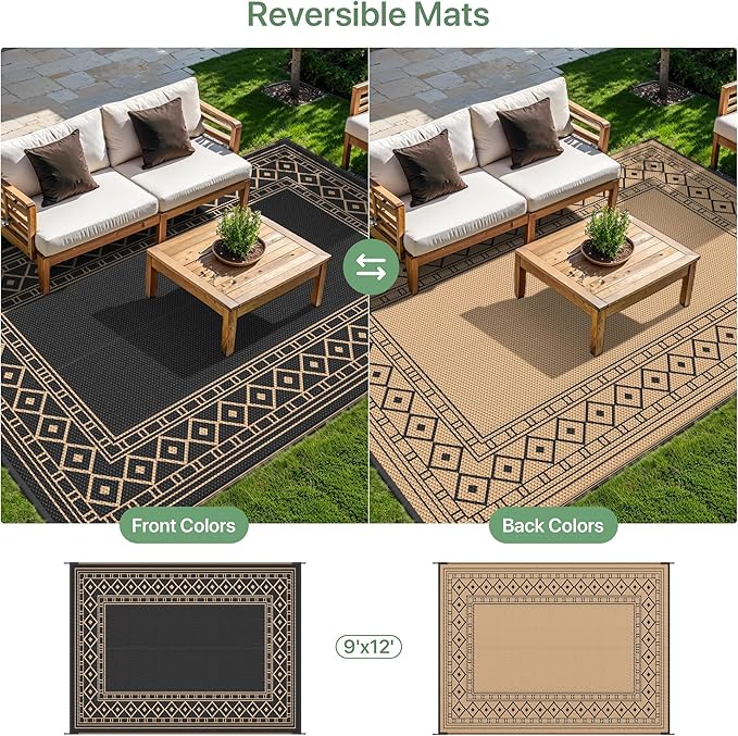 GENIMO Outdoor Rug Waterproof 9'x12' for Patio, Foldable Reversible Plastic Straw Carpet for Travel Trailers, Outside Area Mat for Rv, Deck, Picnic, Porch, Camper, Balcony, Beach, Black & Brown-Ruum Studio Home