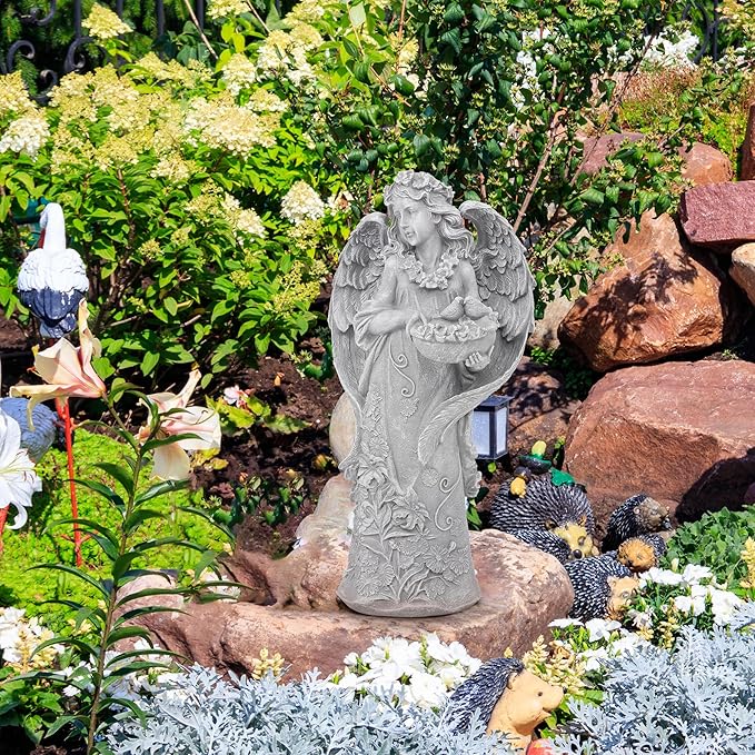 Outdoor Statues Angel Décor Garden Statue- 23.5" H Angel Statue,Resin Angel with Bird Figurine, Ideal for Yard, Patio, Deck, Home Entryway, and Hallway（Grey）-Ruum Studio Home