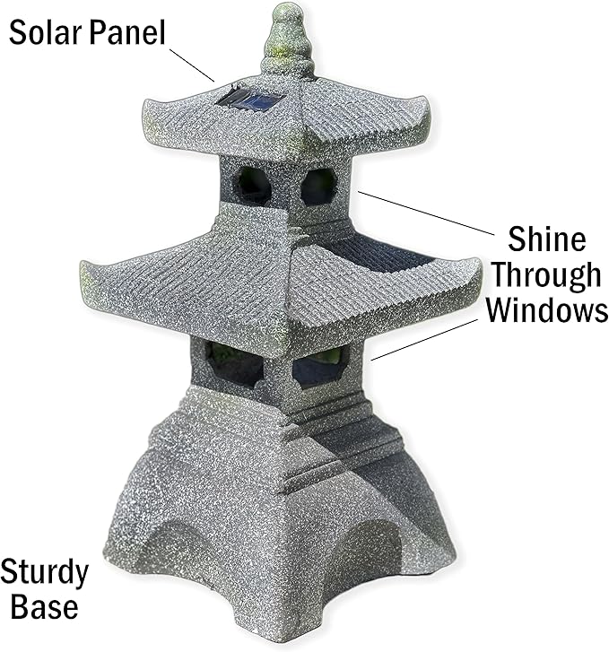 Galt International 2 Tier Pagoda Garden Statue LED Solar Powered Light 26" Tall Outdoor Zen Garden Lantern Landscape Lawn Asian Pagoda Stupa Decor Grey Resin-Ruum Studio Home