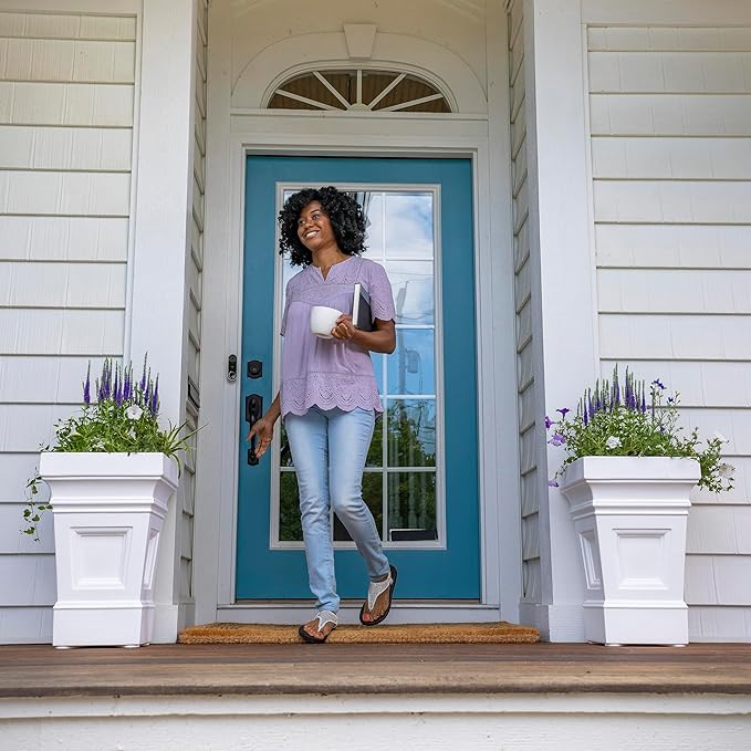 Step2 Atherton Square Planter, Large Planters for Outdoor Plants, Gardening and Flower Pot for Patio or Porch, Efficient Drainage, Durable Plastic, Classic White-Ruum Studio Home