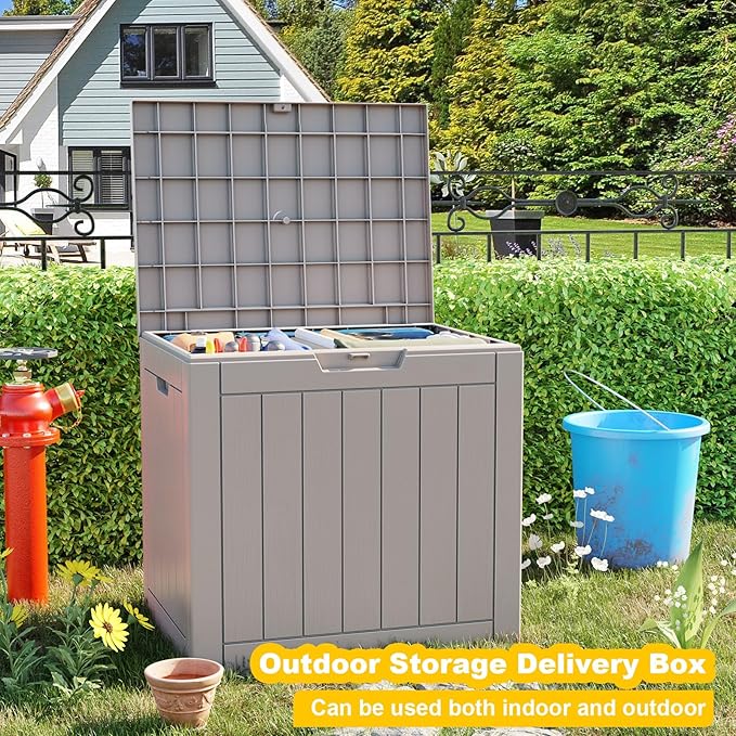 37 Gallon Deck Box Large Outdoor Storage for Patio Furniture,Outdoor Cushions,Garden Tools and Pool Supplies,Waterproof,Resin,Lockable(Grey)-Ruum Studio Home